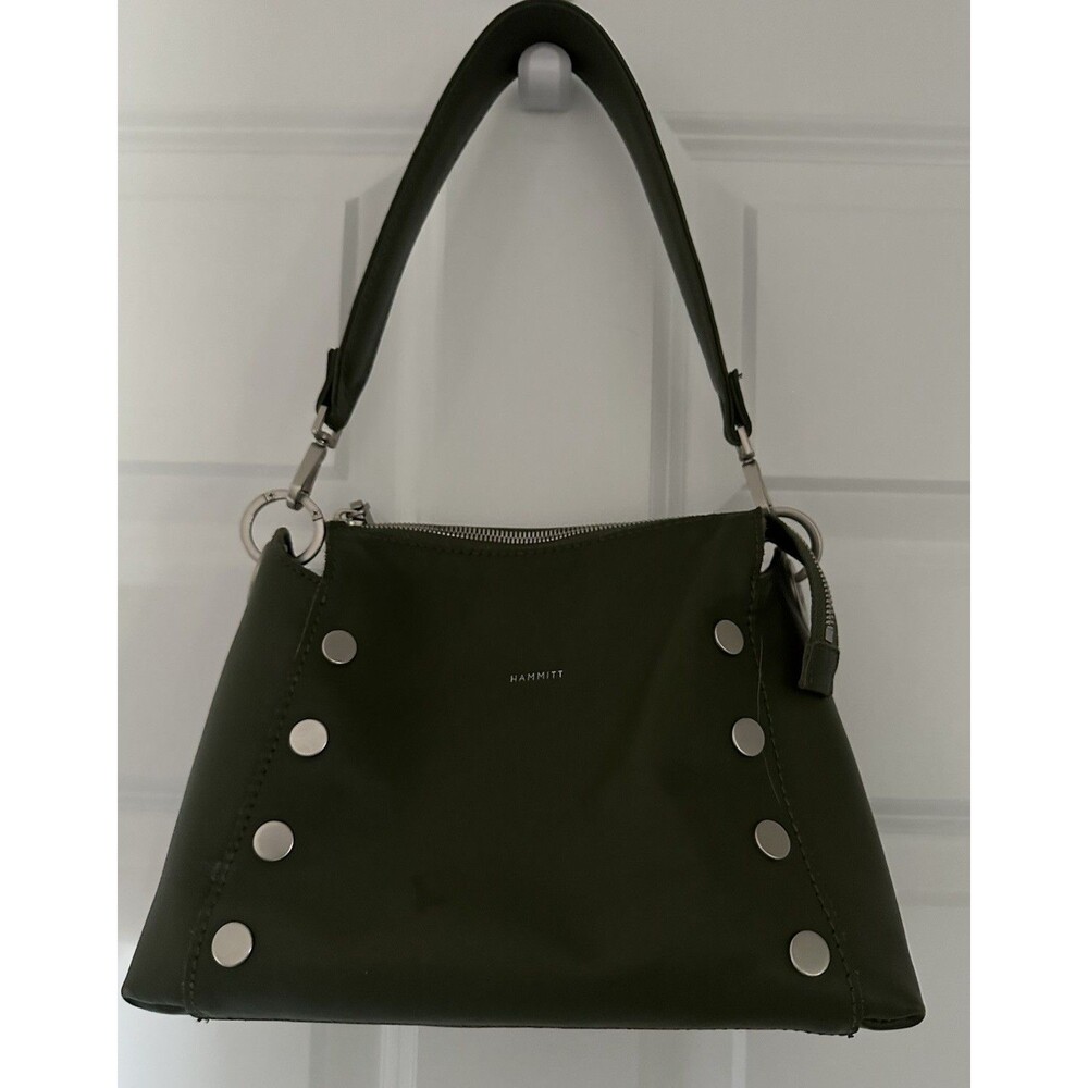 Hammitt Bryant Olive Leather Shoulder Bag Thick Shoulder Strap Silver Rivets